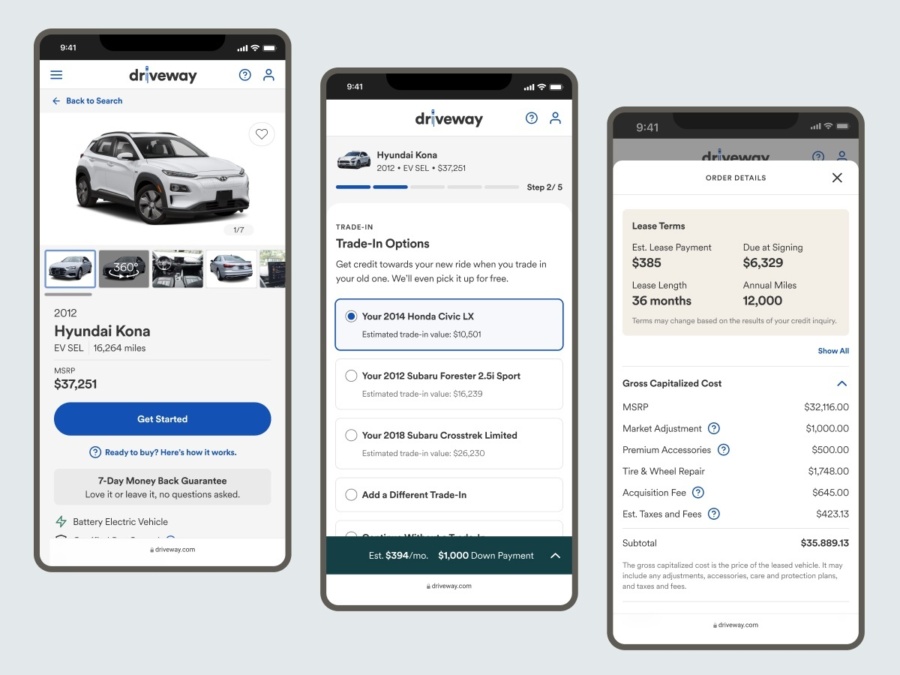 Three mobile UI screens representing a car buying flow.
