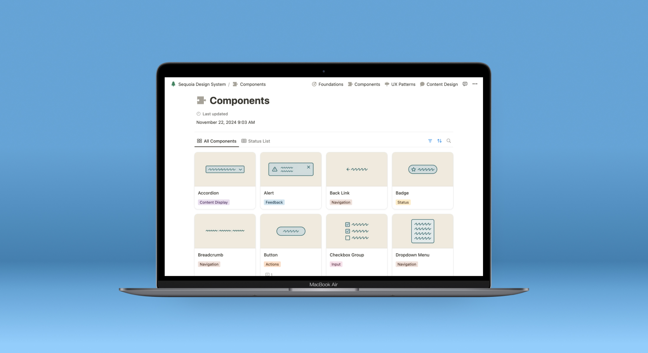 A laptop displaying UI component documentation.