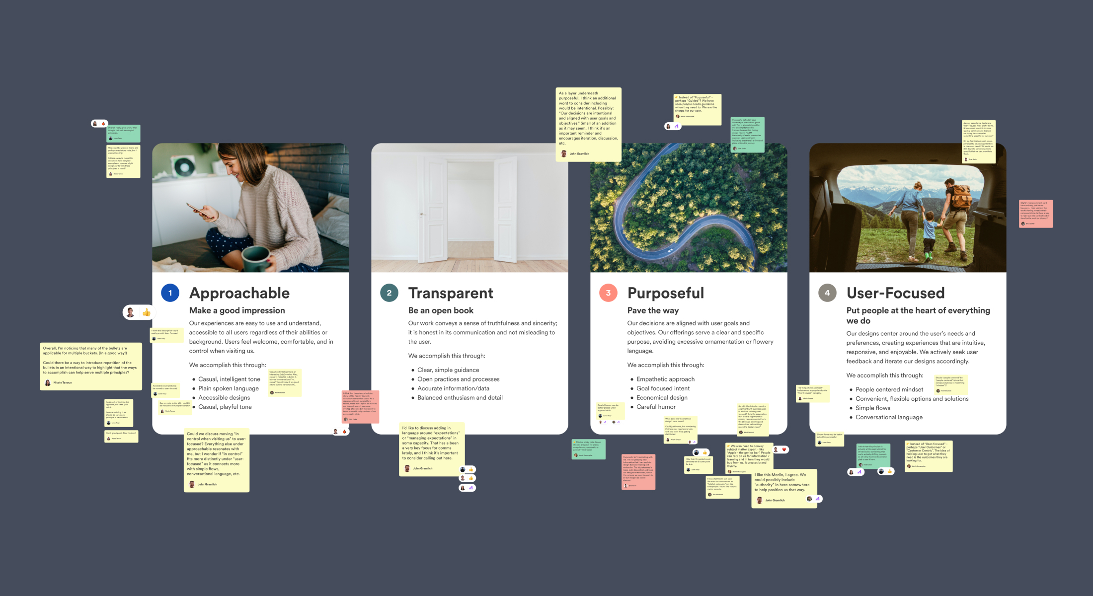 Four cards representing an early iteration of our four principles.