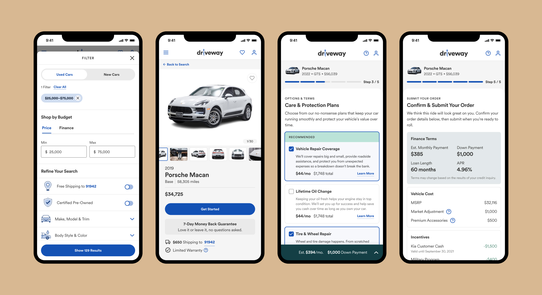 Four mobile screens displaying various steps in a flow.