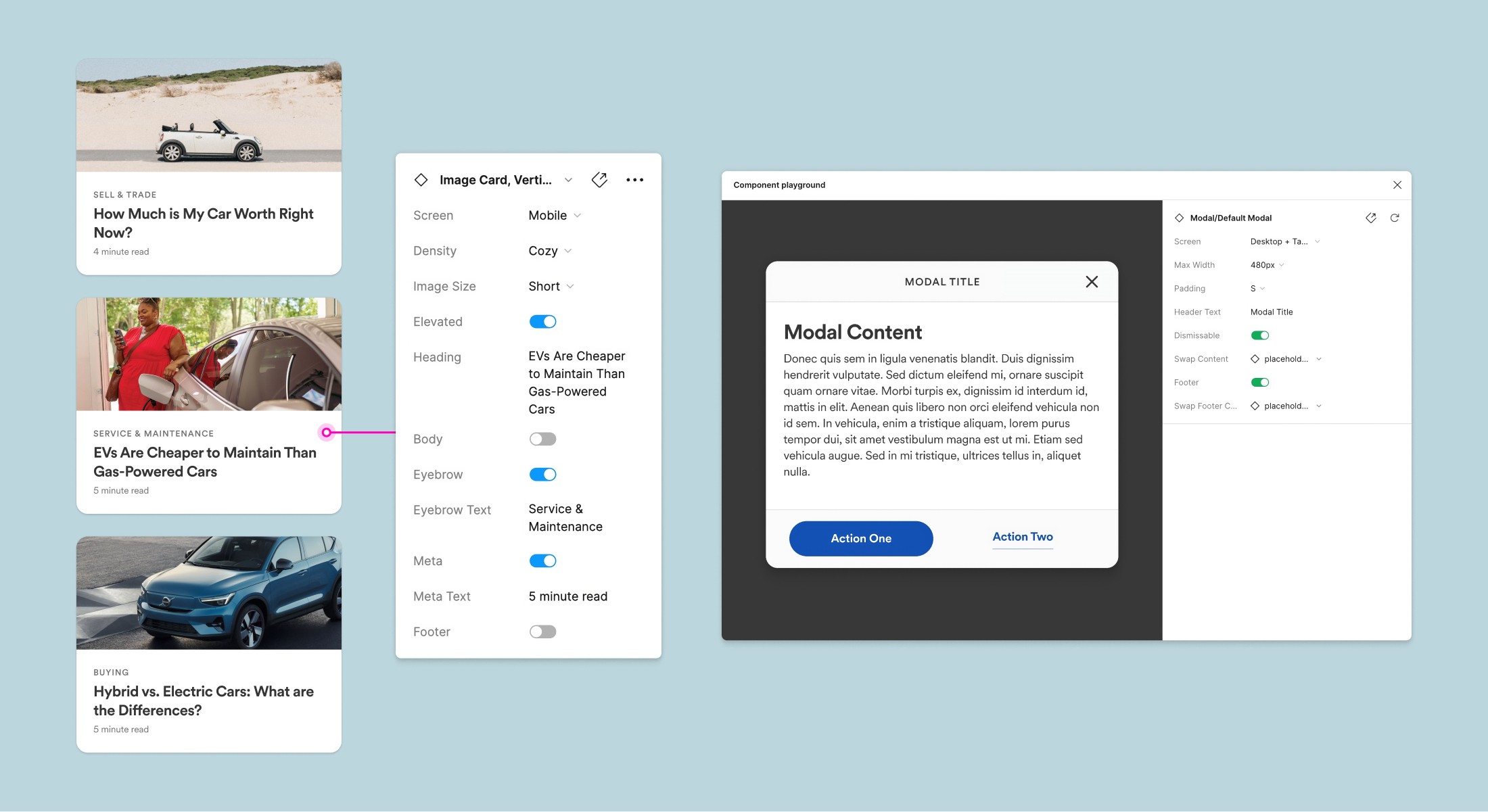 Figma screenshot displaying how a card component and a modal are configured.